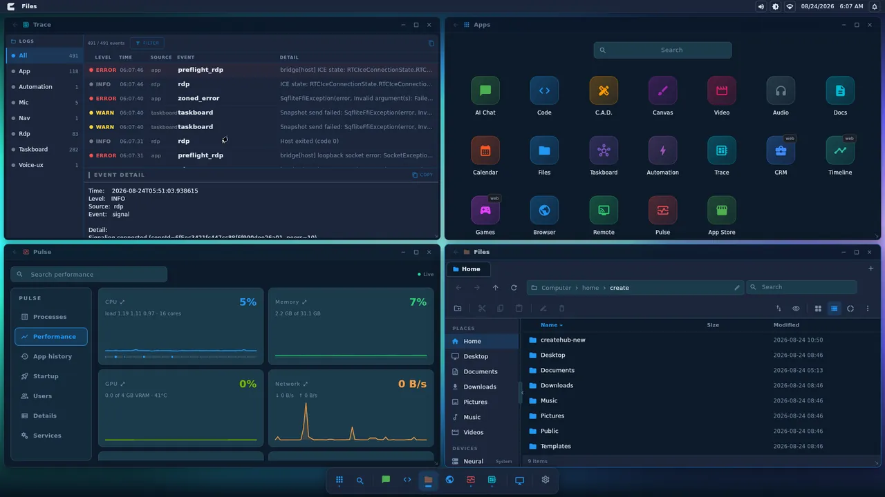 CreateHub OS running many apps at once